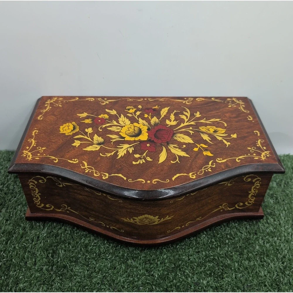 Vintage Linden Wood Floral Inlaid Music Box / Jewelry Box - Musical Theme